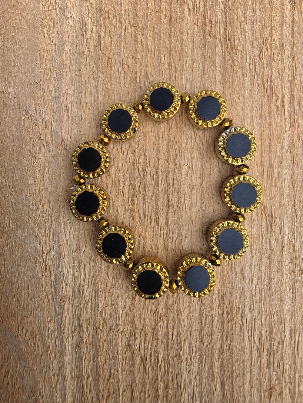 Vintage Gold Plated Glass & Matte Black Statement Beaded Stretch Bracelet